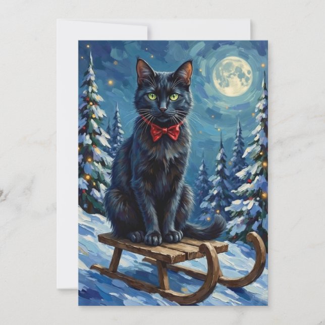 Mystical Black Cat Enchanted Winter Sled Christmas Holiday Card (Front)
