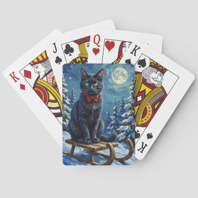 Mystical Black Cat Enchanted Winter Sled Christmas Playing Cards (Back)