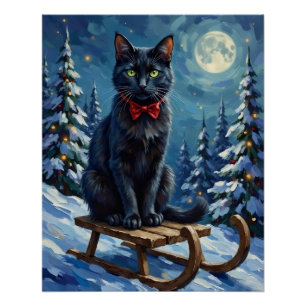 Mystical Black Cat Enchanted Winter Sled Christmas Poster