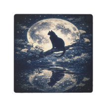 Mystical Black Cat Full Moon Metal Wall Art