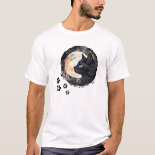 Mystical Black Cat & Full Moon Watercolor Art T-Shirt