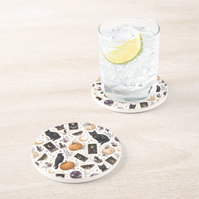 Mystical Black Cat Halloween Celestial Tarot  Coaster (Side)