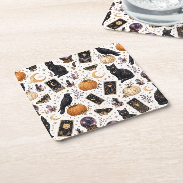 Mystical Black Cat Halloween Celestial Tarot  Square Paper Coaster (Angled)