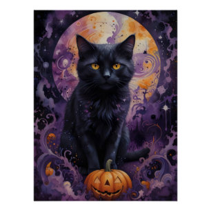 Mystical Black Cat Halloween Pumpkins Moonlight  Poster