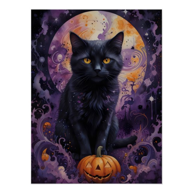 Mystical Black Cat Halloween Pumpkins Moonlight  Poster (Front)