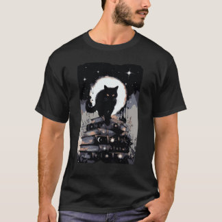 Mystical Black Cat on Celestial Book Stack T-Shirt