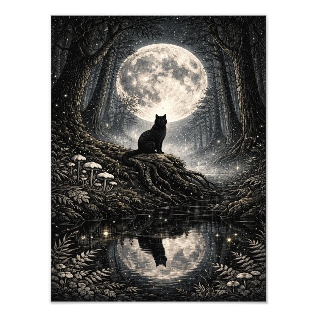 Mystical Black Cat Under Full Moon Forest Poster (Front)