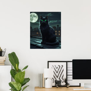Mystical Black Cat Under Full Moon Poster