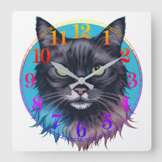 Mystical Black Cat Wall Clock, Colourful Cat Art, Square Wall Clock