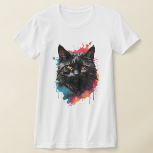 Mystical Black Cat Watercolor Splash Art  T-Shirt