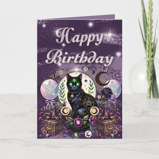 Mystical Black Cat Witchy Birthday Celestial Theme Card (Front)