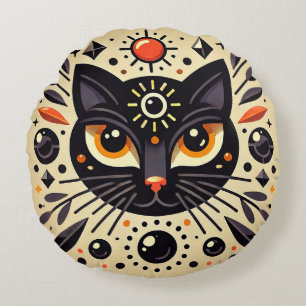 Mystical Black Cat With Cosmic Geometry Round Cushion
