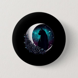 Mystical Black Cat With Moon And Roses Celestial 6 Cm Round Badge