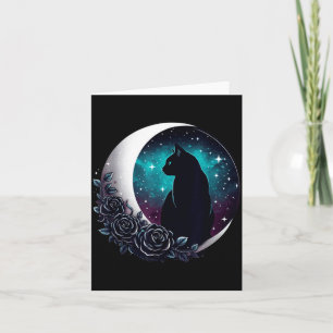 Mystical Black Cat With Moon And Roses Celestial Card