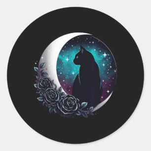 Mystical Black Cat With Moon And Roses Celestial Classic Round Sticker