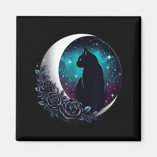 Mystical Black Cat With Moon And Roses Celestial Magnet