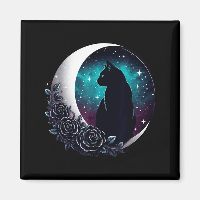 Mystical Black Cat With Moon And Roses Celestial Magnet (Front)
