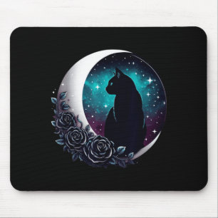 Mystical Black Cat With Moon And Roses Celestial Mouse Mat