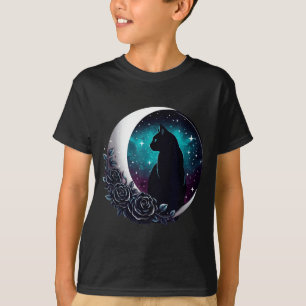 Mystical Black Cat With Moon And Roses Celestial T-Shirt