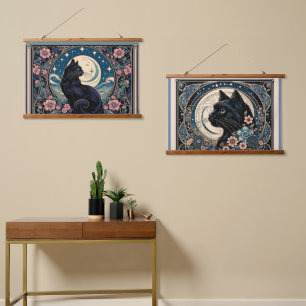 Mystical Black Cat with Moon & Florals Hanging Tapestry