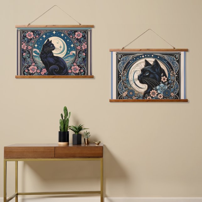 Mystical Black Cat with Moon & Florals Hanging Tapestry (Asymmetrical)
