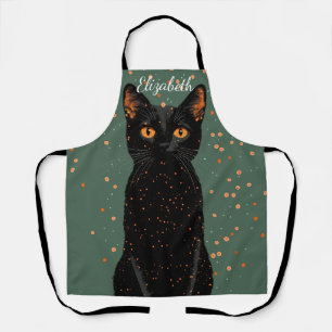 Mystical Black Cat with Orange Eyes and Glitter Apron