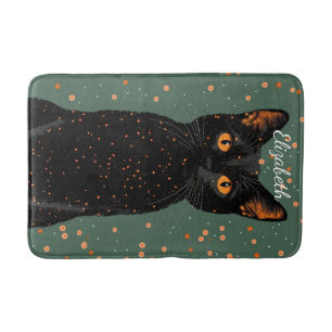 Mystical Black Cat with Orange Eyes and Glitter Bath Mat