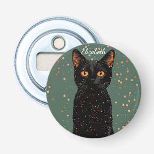 Mystical Black Cat with Orange Eyes and Glitter Bottle Opener