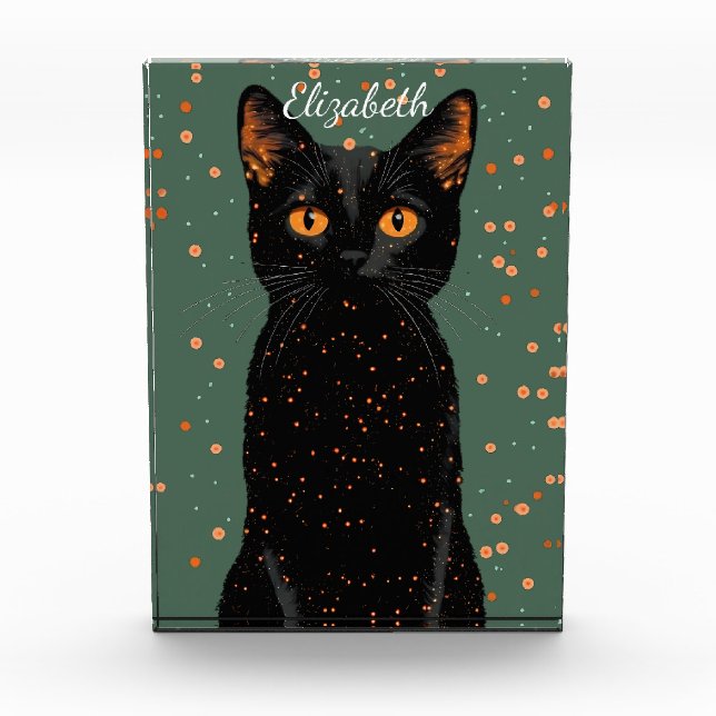 Mystical Black Cat with Orange Eyes and Glitter Photo Block (Front)