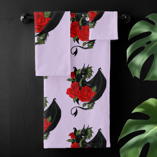 Mystical Black Dragon Red Roses Lavender Gothic Bath Towel Set