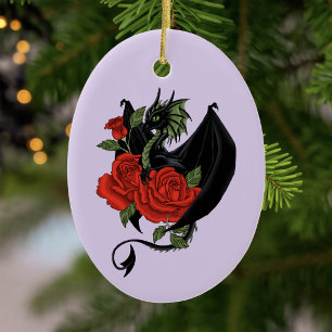 Mystical Black Dragon Red Roses Lavender Gothic Ceramic Tree Decoration