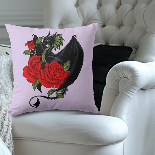 Mystical Black Dragon Red Roses Lavender Gothic  Cushion (Creator Uploaded)