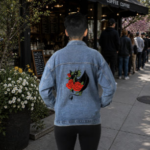 Mystical Black Dragon Red Roses Lavender Gothic Denim Jacket