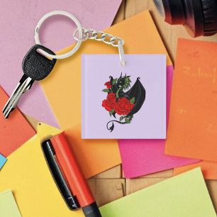 Mystical Black Dragon Red Roses Lavender Gothic Key Ring
