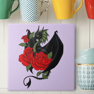 Mystical Black Dragon Red Roses Lavender Gothic Tile
