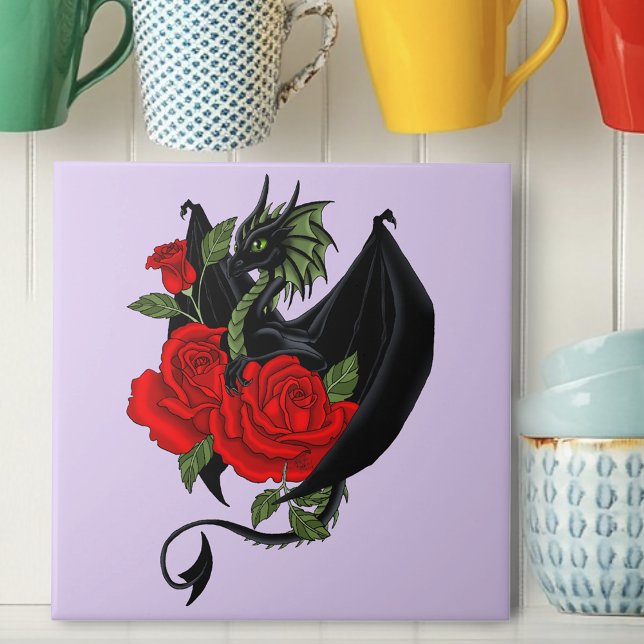 Mystical Black Dragon Red Roses Lavender Gothic Tile (Creator Uploaded)