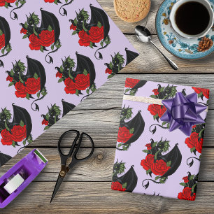 Mystical Black Dragon Red Roses Lavender Gothic Wrapping Paper