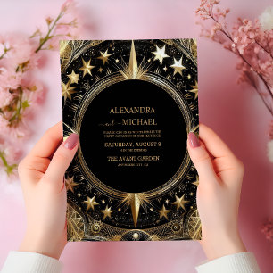 Mystical Black Gold Celestial Galaxy Wedding Invitation