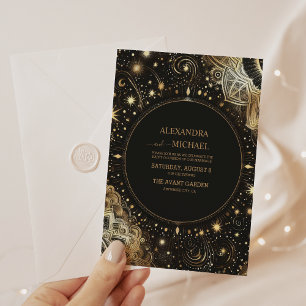 Mystical Black Gold Celestial Galaxy Wedding Invitation