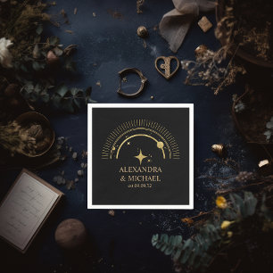 Mystical Black Gold Celestial Galaxy Wedding Napkin