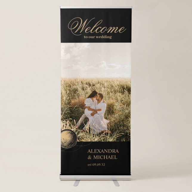 Mystical Black Gold Celestial Galaxy Wedding Retractable Banner (Front)