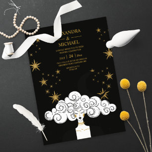 Mystical Black Gold Celestial Moon Wedding  Invita Invitation