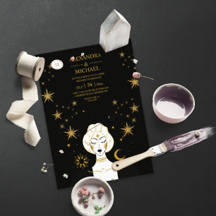 Mystical Black Gold Celestial Moon Wedding  Invitation