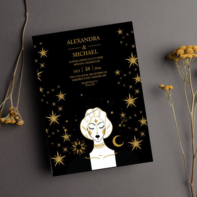 Mystical Black Gold Celestial Moon Wedding  Invitation (Creator Uploaded)