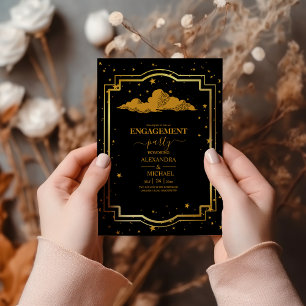 Mystical Black Gold Celestial Stars Engagement Invitation