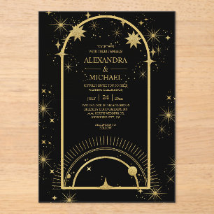 Mystical Black Gold Celestial Stars Wedding Acrylic Invitations