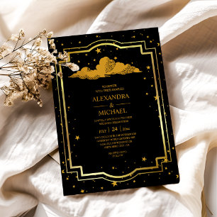 Mystical Black Gold Celestial Stars Wedding Acrylic Invitations