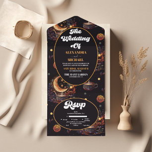 Mystical Black Gold Celestial Stars Wedding All In One Invitation
