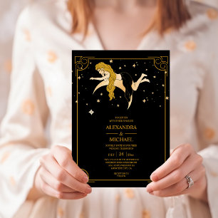 Mystical Black Gold Celestial Stars Wedding  Invit Invitation