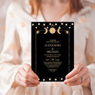 Mystical Black Gold Celestial Stars Wedding  Invit Invitation